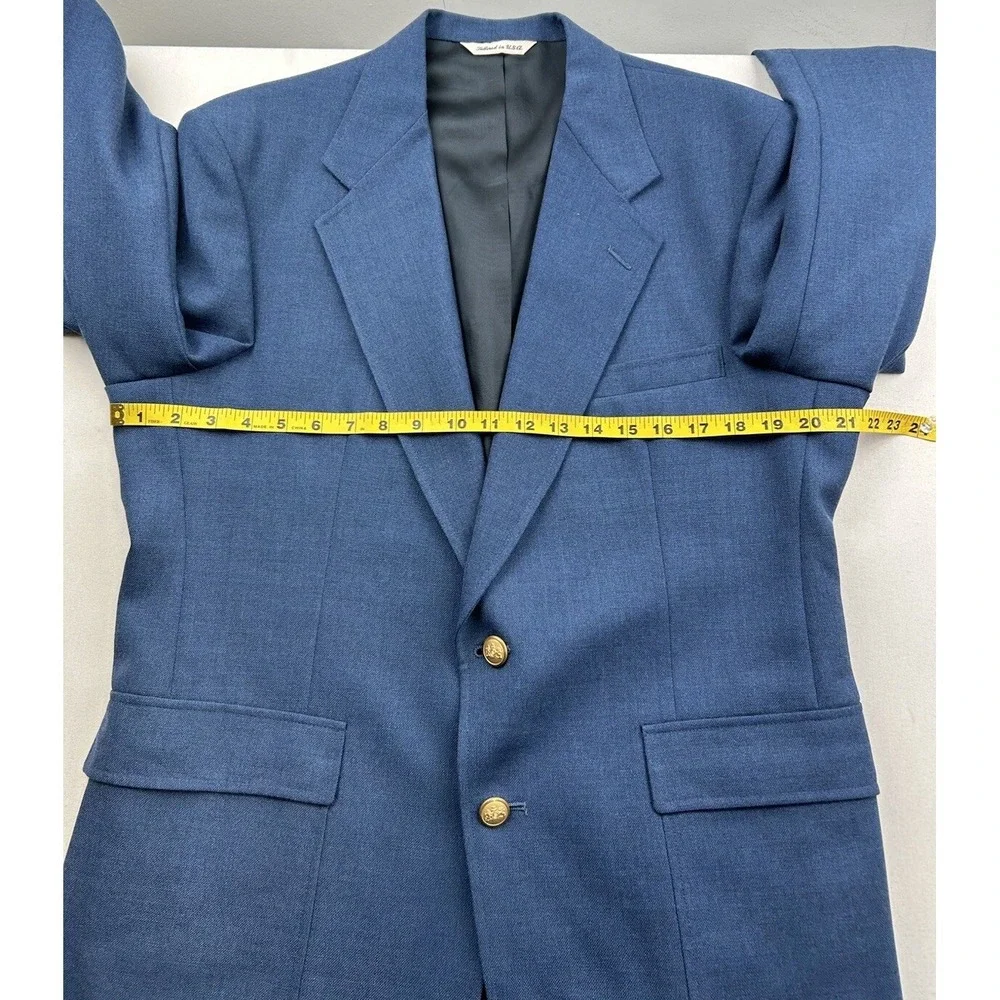 Stafford Mens 42R‎ Blue Solid Sport Coat Wool Poly Blazer Jacket Gold Button USA